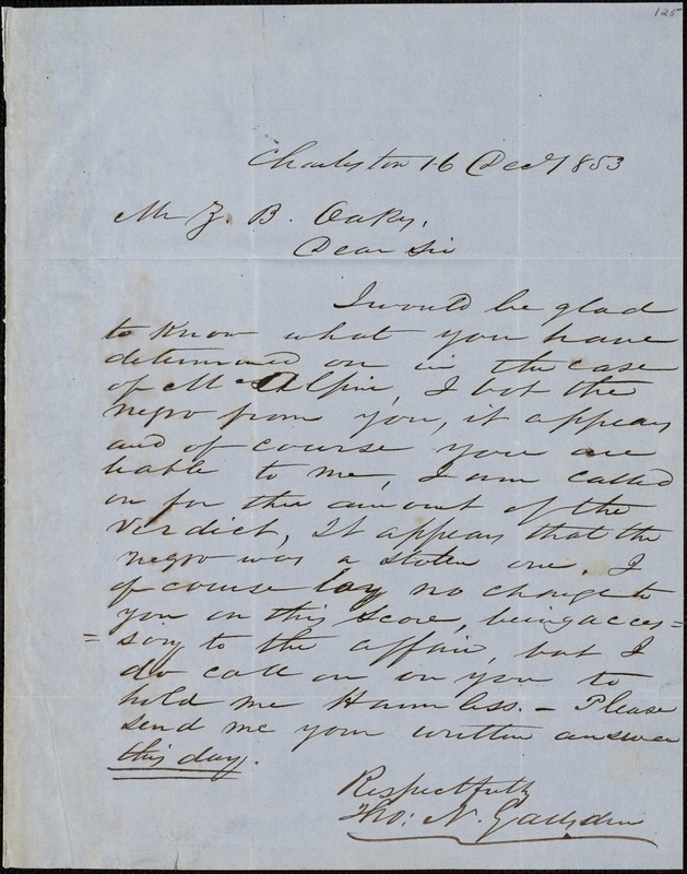 Theodore N. Gadsden, Charleston, S.C., Autograph Letter Signed To Ziba ...