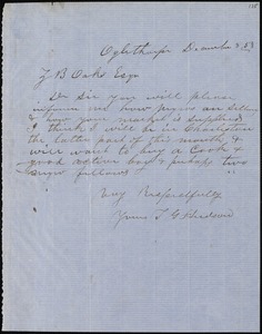 T.G. Hudson, Oglethorpe, Ga., autograph letter signed to Ziba B. Oakes, 8 December 1853