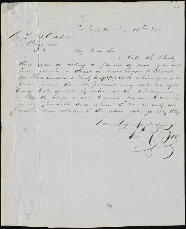 H.R. Box, Bluffton, S.C., autograph letter signed to Ziba B. Oakes, 12