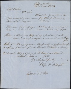William F. Robert, Robertville, S.C., autograph letter signed to Ziba B. Oakes, 12 November 1853