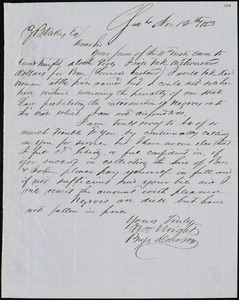 William Wright, Savannah, Ga., manuscript letter signed to Ziba B. Oakes, 12 November 1853