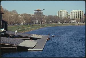 Charles River upper basin at Harvard Univ. area from Anderson Bridge - Weld Boathouse (foreground)