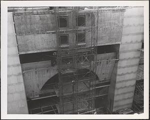 Construction of Boylston Building, Boston Public Library, close up of scaffolding
