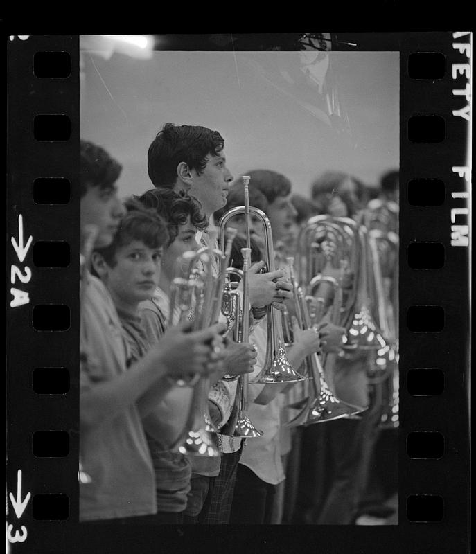 Drum-and-bugle practice in high school gym, Lynnfield