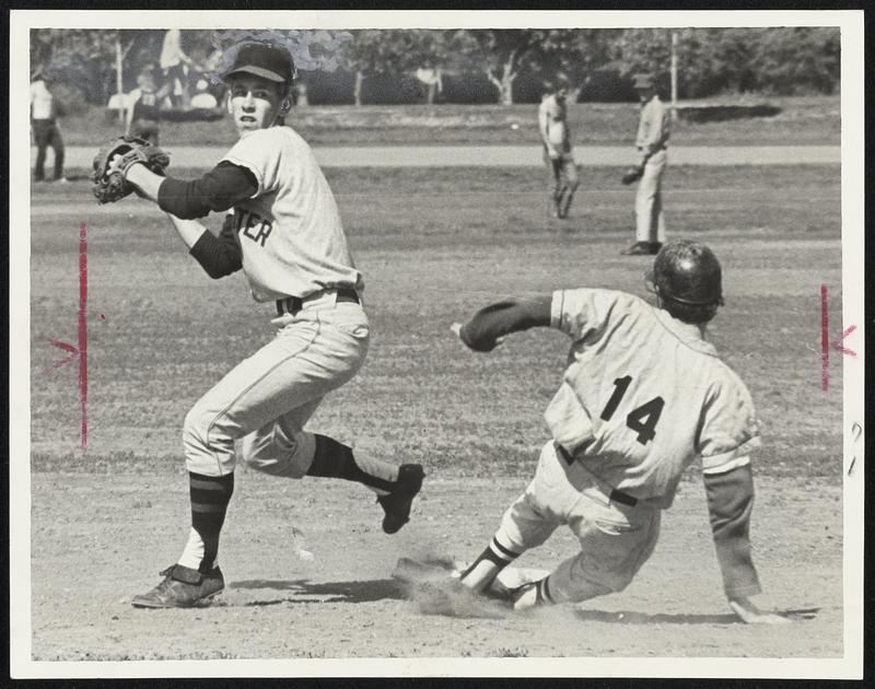 Dorchester High's John Collins whirls away from sliding Bill Clifford ...