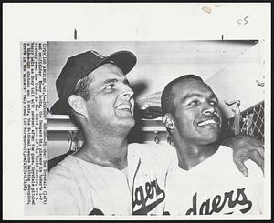 Dodgers’ Heroes--Pitcher Don Drysdale (left) and outfielder Tommy Davis, the Dodgers big players in today’s 1-0 victory over the Yanks in the third game of the World Series, are a happy pair as they talk with newsmen after the game. Drysdale pitched a three-hit shutout and Davis, the National League batting champion, drove in the winners’ only run.