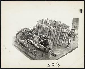 Reconstructed Model of Ancient Indian Community Built by James R. Miller. On Left is Workshop, Incenter the Stockade and a Typical Dwelling on Right.