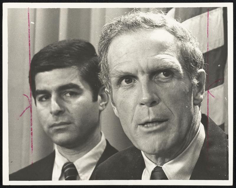 Mayor White at his first press conference since leaving the hospital, and his gubernatorial running mate, Michael S. Dukakis.