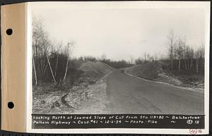 Contract No. 41, Extension of Belchertown-Pelham Highway, Belchertown, Pelham, looking north at loamed slope of cut from Sta. 119+80, Belchertown and Pelham, Mass., Dec. 6, 1934