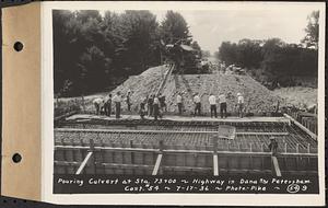 Contract No. 54, Highway in Towns of Dana, Petersham, Worcester County, pouring culvert at Sta. 73+00, Dana and Petersham, Mass., Jul. 17, 1936