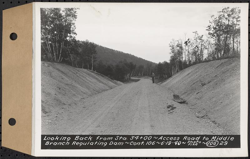 Contract No. 106, Improvement of Access Roads, Middle and East Branch Regulating Dams, and Quabbin Reservoir Area, Hardwick, Petersham, New Salem, Belchertown, looking back from Sta. 34+00, access road to Middle Branch Regulating Dam, Belchertown, Mass., Jun. 19, 1940