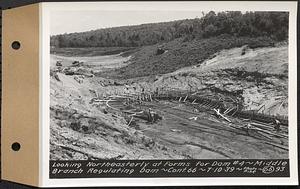 Contract No. 66, Regulating Dams, Middle Branch (New Salem), and East Branch of the Swift River, Hardwick and Petersham (formerly Dana), looking northeasterly at forms for dam 4, middle branch regulating dam, Hardwick, Mass., Jul. 10, 1939