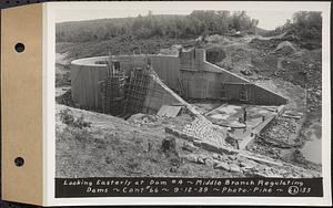 Contract No. 66, Regulating Dams, Middle Branch (New Salem), and East Branch of the Swift River, Hardwick and Petersham (formerly Dana), looking easterly at dam 4, middle branch regulating dams, Hardwick, Mass., Sep. 12, 1939