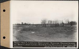 Contract No. 80, High Level Distribution Reservoir, Weston, dam 1, Sta. 11, looking northeast showing downstream at dam 1, high level distribution reservoir, Weston, Mass., Nov. 6, 1940