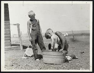 Saturday Bath, Drought or No Drought --Water is scarce on the drought-stricken farms of Dakota, but Alfred Kleinheksel and his older brother, Richard, decided little Billie Kleinheksel better have a bath to help him combat the heat. The mercury gets up to 110 on the Kleinheksel farm these days.