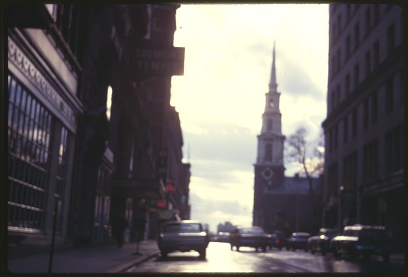 View down the street toward Park Street Church, Boston