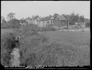 Distribution Department, Low Service Spot Pond Reservoir Watershed, brook and houses on westerly side of Emerald Court, looking northerly, Stoneham, Mass., Oct. 7, 1904