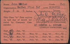 Headquarters 372nd Infantry class "A" pass No. 103, John Miller