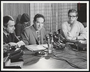 Prexy and Press- President Morris B. Abram of Brandeis meets with newsmen to report on campus crisis caused by black takeover of communications center a week ago today.