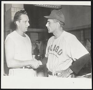 Kiner And New Boss get acquainted. National League home run king Ralph (left) shakes hand with his new manager, Phil Cavaretta of the Cubs after being traded to Chicago by Pittsburgh.