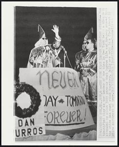 New York Klan Leader Eulogizes Burros-- Man identified only as the leader of the klan in New York tells a klan rally attended by about 3000 persons that Burros life and tragedy showed that the white man must stick together. Rally was held in a field about 11/2 miles northeast of here.