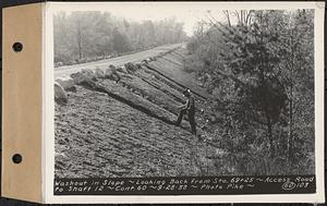 Contract No. 60, Access Roads to Shaft 12, Quabbin Aqueduct, Hardwick and Greenwich, washout in slope, looking back from Sta. 69+25, Greenwich and Hardwick, Mass., Sep. 28, 1938