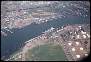 Aerial view of ships docked on a river