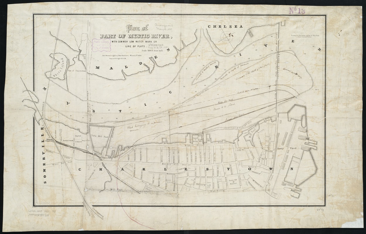 Plan of part of Mystic River, with common low water mark of line of flats
