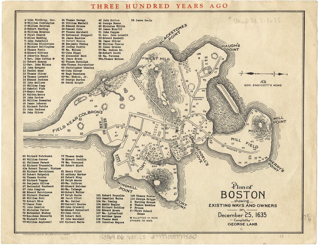 Plan of Boston showing existing ways and owners on December 25, 1635