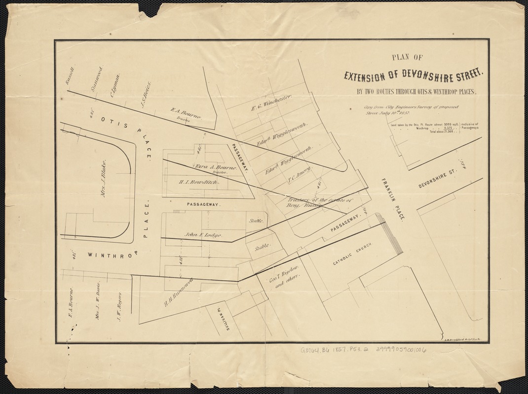 Plan of extension of Devonshire Street, by two routes through Otis and Winthrop Places
