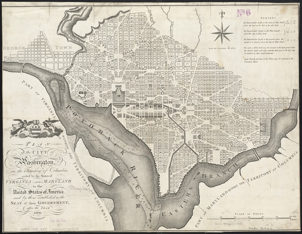 Plan of the city of Washington, in the territory of Columbia, ceded by the States of Virginia and Maryland to the United States of America, and by them established as the seat of their government after the year 1800