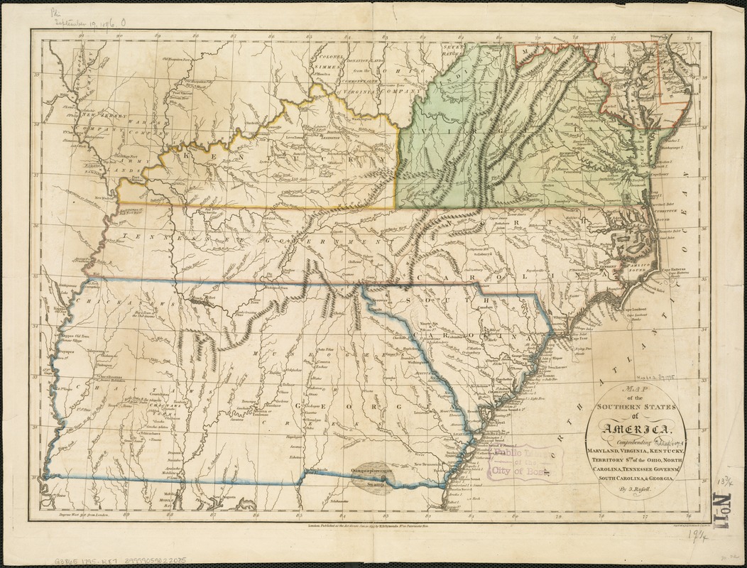 Map of the southern states of America, comprehending Maryland, Virginia, Kentucky, Territory s'th of the Ohio, North Carolina, Tennessee Governm't., South Carolina, & Georgia