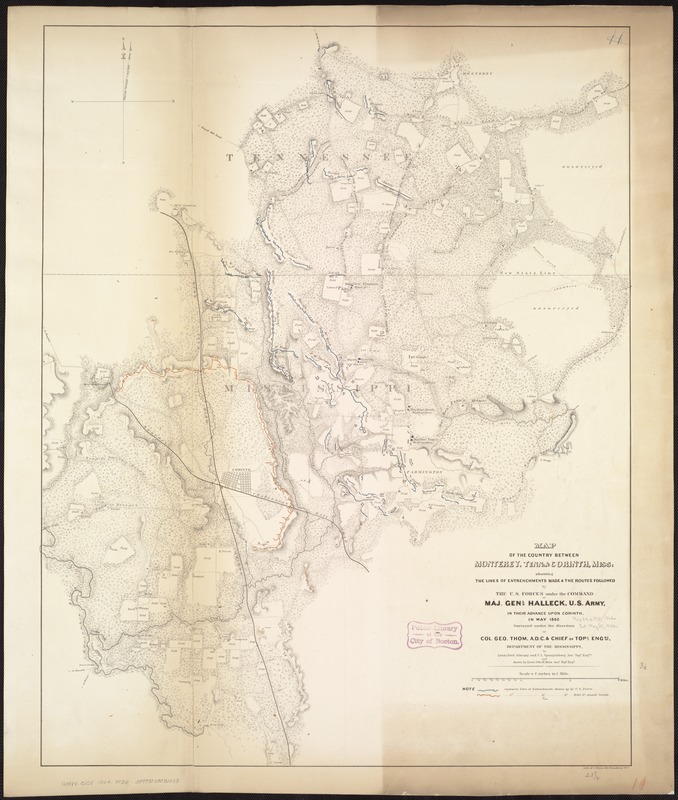 Map of the country between Monterey, Tenn: & Corinth, Miss: showing the lines of entrenchments made & the routes followed by the U.S. forces under the command of Maj. Genl. Halleck, U.S. Army, in their advance upon Corinth in May 1862