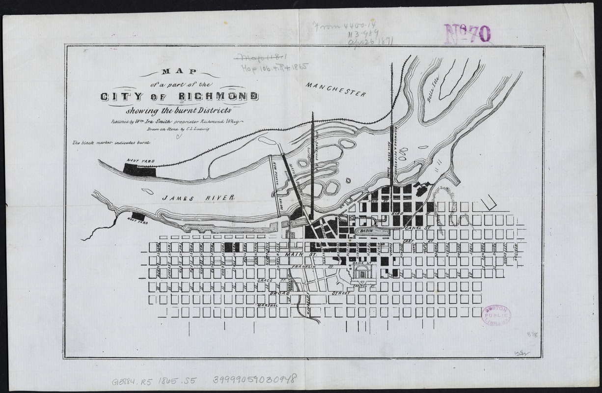 Map of a part of the city of Richmond showing the burnt districts