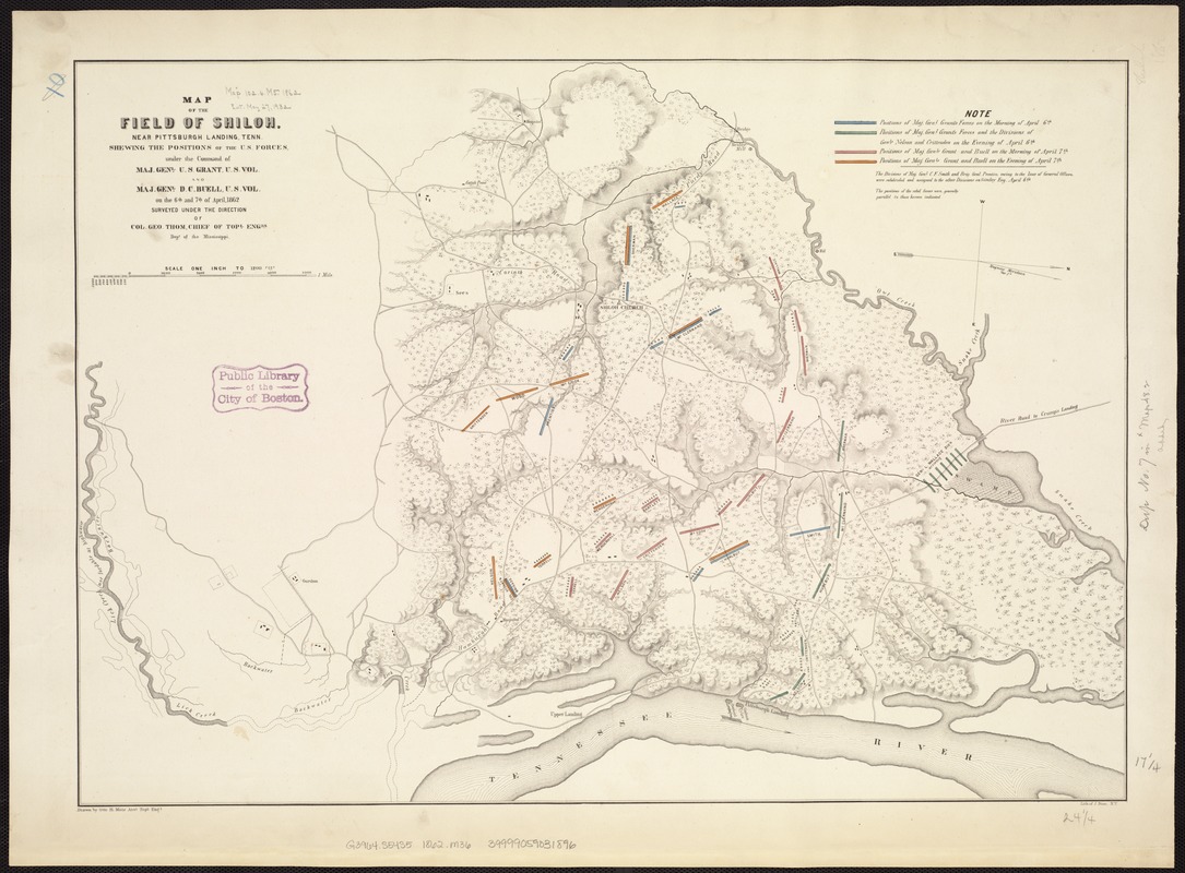 Map of the field of Shiloh, near Pittsburgh Landing, Tenn., shewing the positions of the U.S. forces under the command of Maj. Genl. U. S. Grant, U.S. Vol. and Maj. Genl. D. C. Buell, U.S. Vol. on the 6th and 7th of April 1862