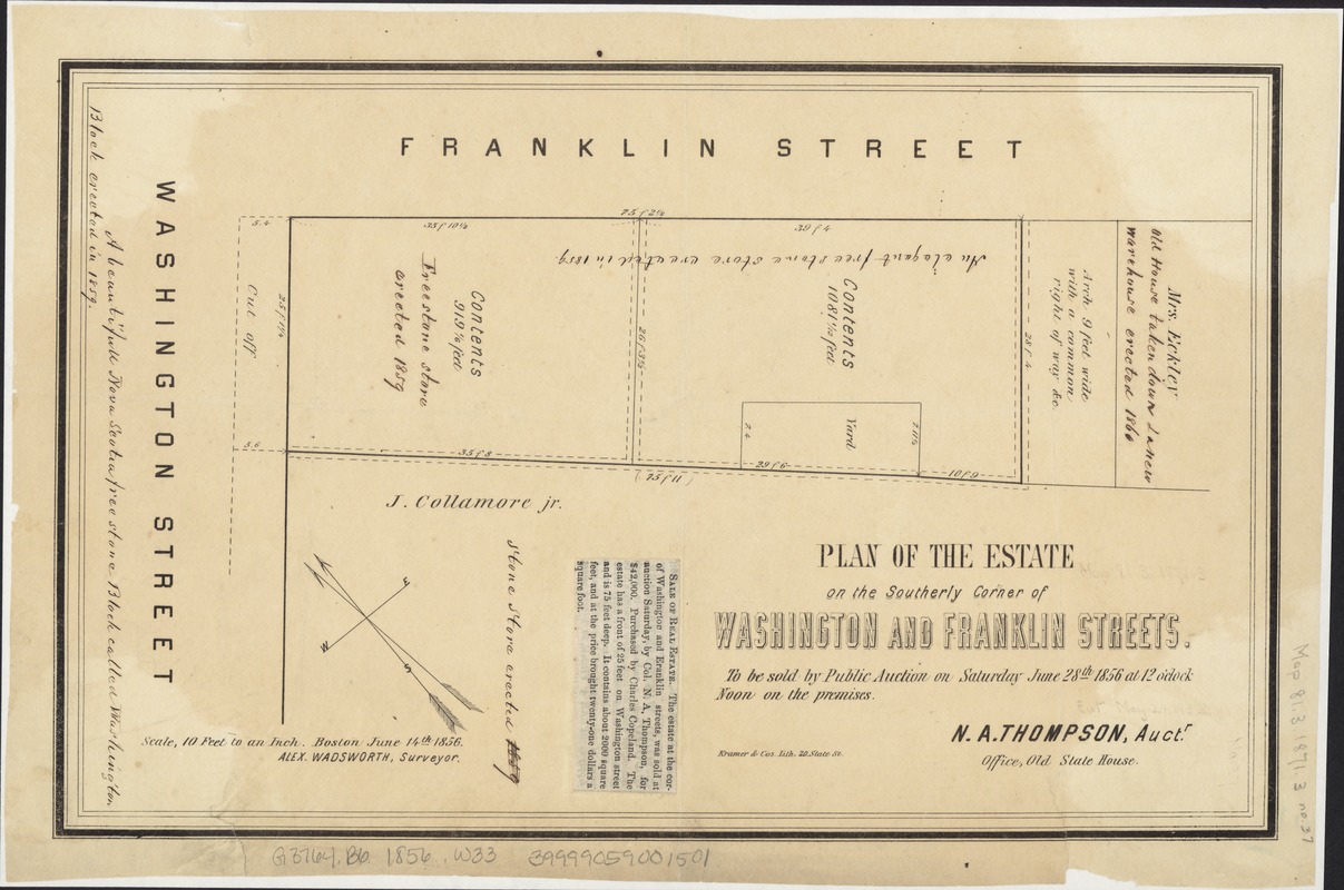Plan of the estate on the southerly corner of Washington and Franklin Streets