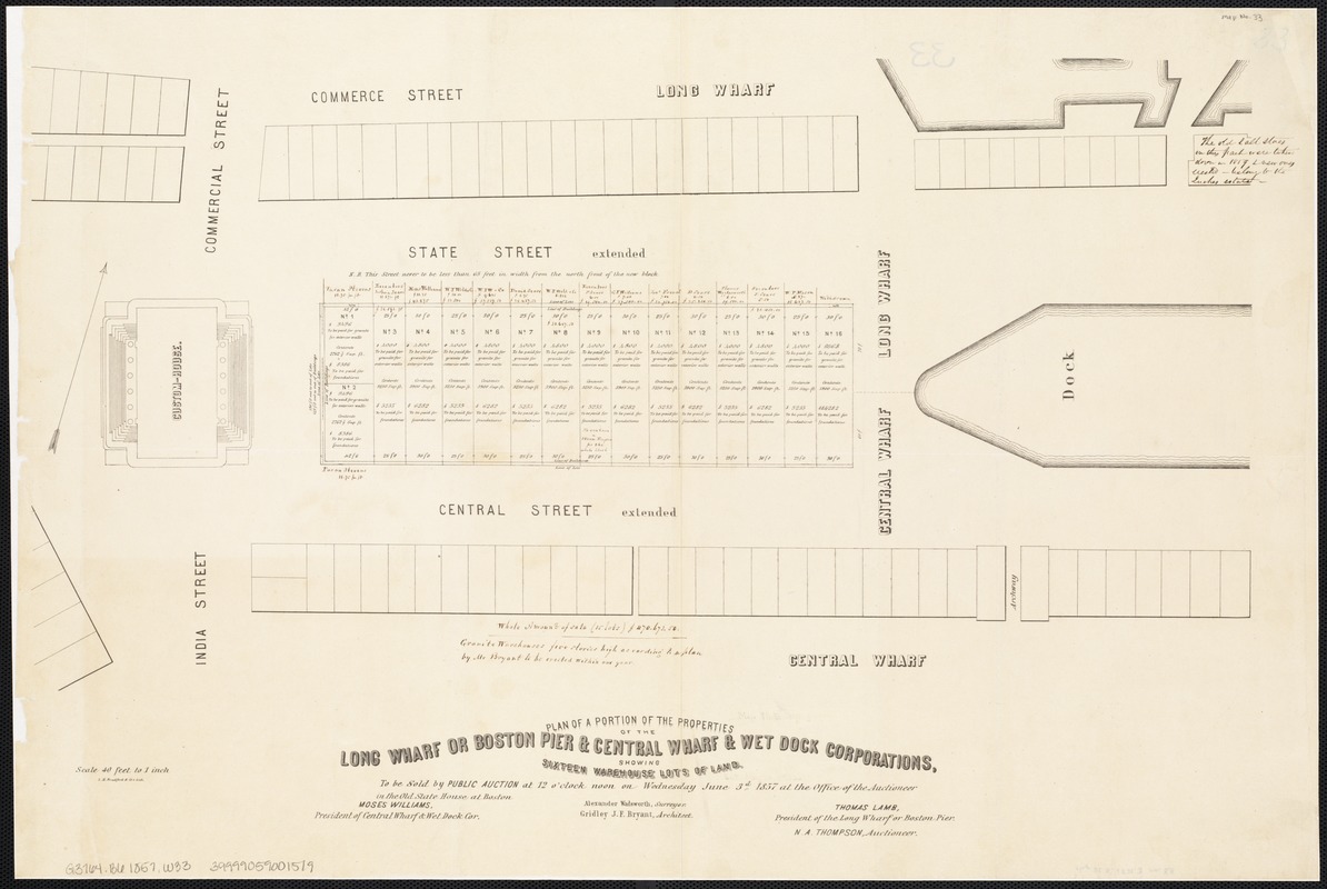 Plan of a portion of the properties of the Long Wharf or Boston Pier & Central Wharf & Wet Dock Corporatins, showing sixteen warehouse lots of land