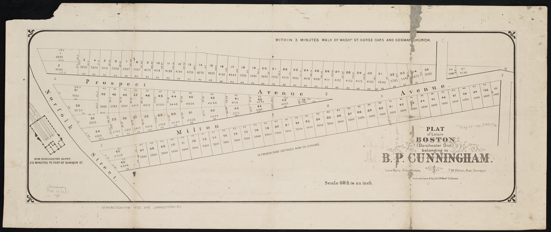 Plat of lots in Boston (Dorchester Dist.) belonging to B.P. Cunningham