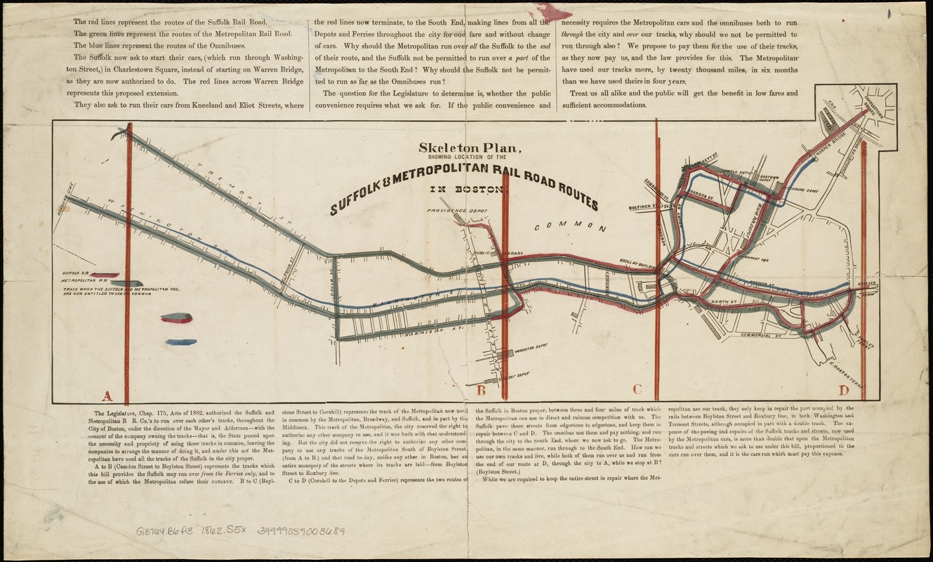 Skeleton plan, showing location of the Suffolk & Metropolitan rail road routes in Boston