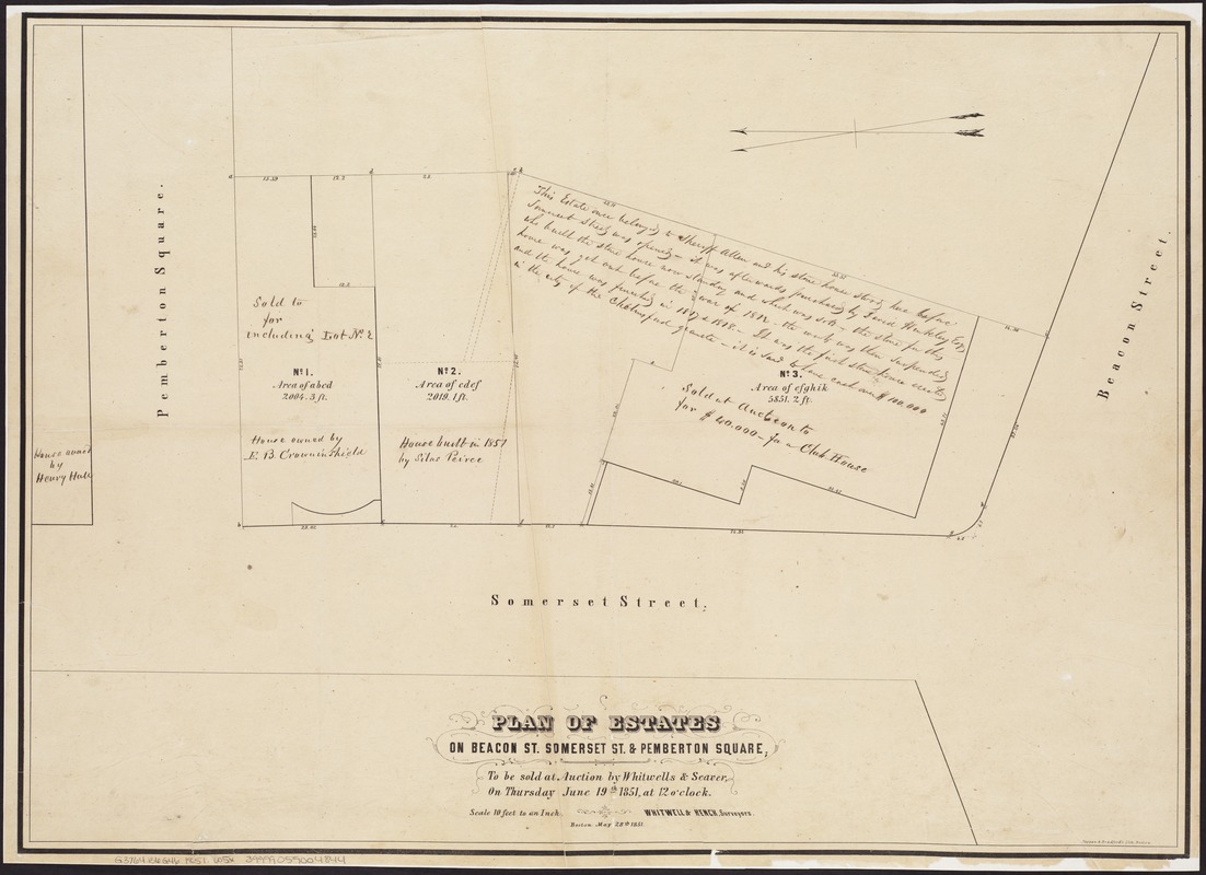 Plan of estates on Beacon St., Somerset St. & Pemberton Square