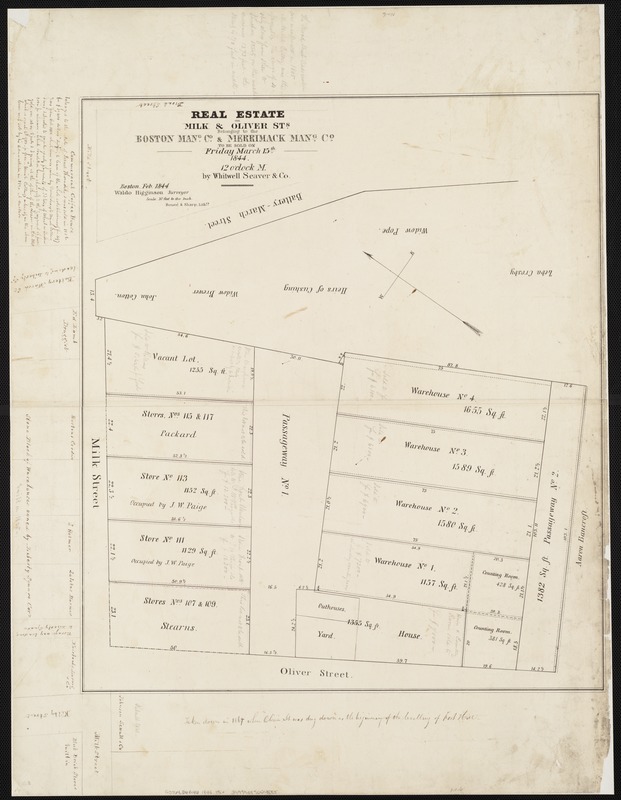 Real estate on Milk & Oliver Sts. belonging to the Boston Mang. Co. & Merrimack Mang. Co. to be sold on Friday, March 15th 1844 12 o'clock m. by Whitwell Seaver & Co