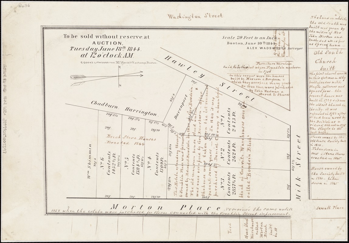 [Plan of lots for sale on Morton and Milk Streets, Boston]