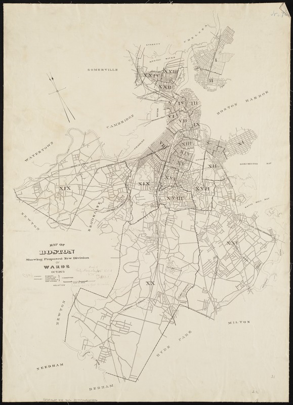 Map of Boston showing proposed new division of wards Oct. 1875