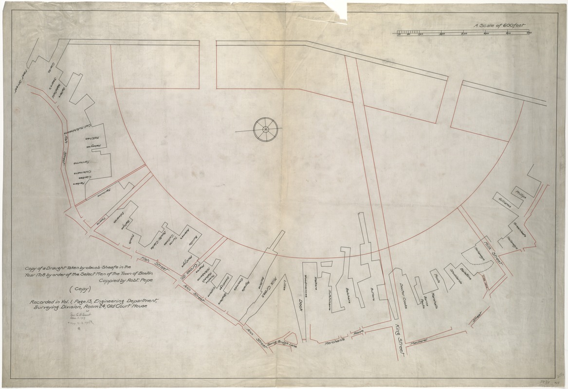 [Plan showing wharves of Boston from Batterymarch Street to Fleet Street; the "circular line" limit of wharves; and the Barricado, with gaps]
