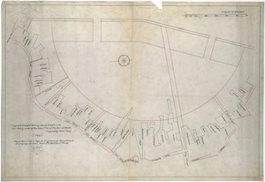 [Plan showing wharves of Boston from Batterymarch Street to Fleet Street; the "circular line" limit of wharves; and the Barricado, with gaps]