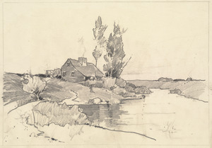 Cottage and poplar tree at water's edge