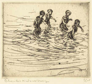 Four bathers walking in sea