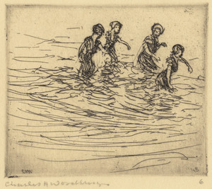 Four bathers walking in sea
