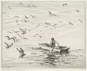 Gulls with girl in boat