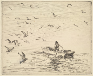 Gulls with girl in boat